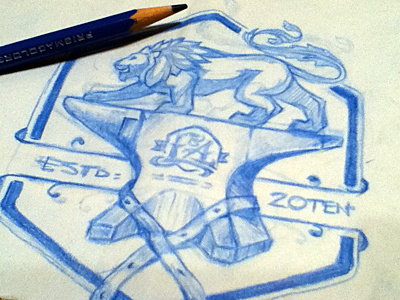 Lion & Anvil Part III anvil badge blueline lion logo ribbon sketch