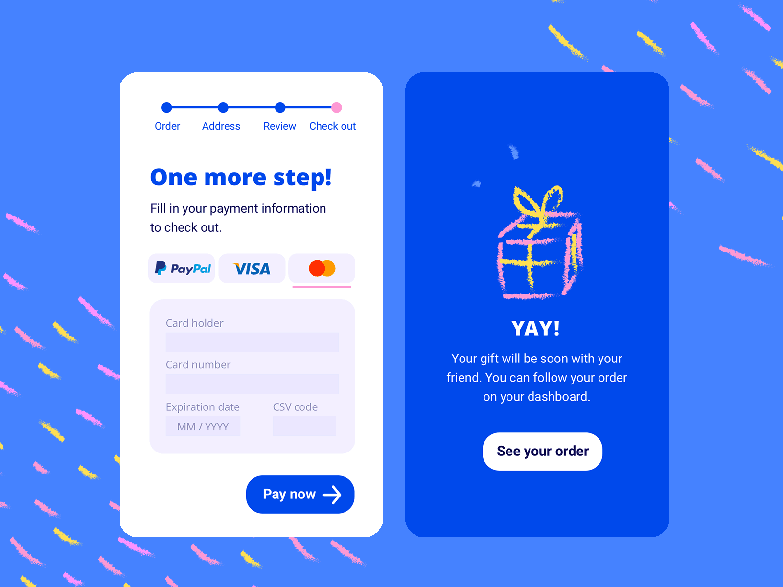 Check out – Daily UI 002 app blue checkout colour palette dailyui dailyui002 drawing ecommerce flat gift hand-drawing illustration paynow timeline ui yay