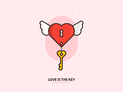Love is the key filled gold heart icon key outline red wings