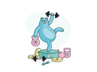 Fitness Pookie Grizzly Bear animal bear blue cartoon fitness funny illustration vector