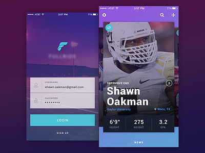 Social sports app app athletic card football gradient ios login mobile profile sports stats user