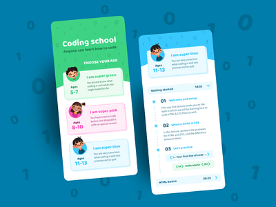 Coding School for Kids children clean ui coding colors colours education kids learning app mobile app mobile app design programming