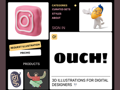 Ouch illustrations - Landing page Experimental design 3d 3d design 3d icons branding conceptual design daily ui challenges dailyui design ecommerce experimental design graphic design illustration landing page ui ui challennges ui design vector web design webpage yellow