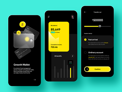 Growth Wallet app apple bank card fund growth income mobile transfer ui ux wallet yellow