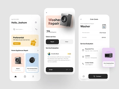 Home Appliances Repair app apple appliances card clean home home appliances icons ios mobile repair repair shop typography ui washer
