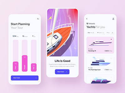 Yacht Booking Service Application app booking card charter cruiser illustration interface motor rent rental app service ship travel ui ux vessels water yacht club yachts