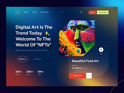 NFT Landing Page Website bitcoin bold coins crypto crypto art cryptocurrency doge ethereum gallery gradient landing page modern neon nft nft art noise platform token ui web