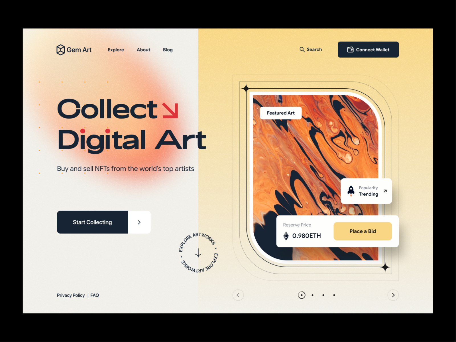 NFT landing page art binance blockchain crypto cryptoart cryptocurrency dark ethereum gallery header modern nem neon nft nfts platform ui web