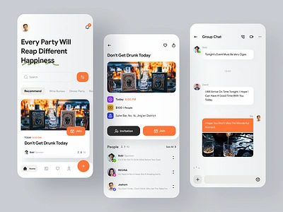 Event & Party UI activity alcohol app card chat chat app communicate dark mode design dinner party event game party room escape script kill social contact ui wine bureau