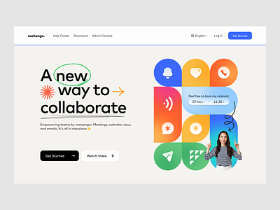 Collaborative work Landing page collaborate cooperation tools devices homepage icon landing page laptop office tools ui web web design website woman work working working space