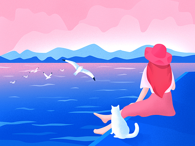 Miss summer blue cat girl illustration noise pink sea seagull ui