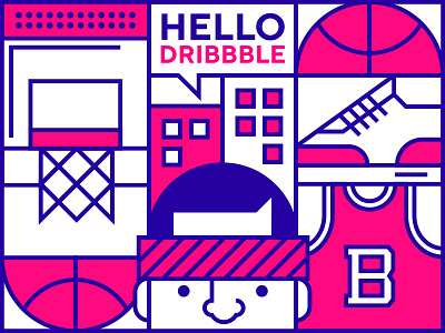 Hello Dribbble ball basketball brandbusters court design dribbble hello invitation logo player sneakers sport