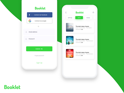 Booklet android app books color design green ios minimal ui ux waves