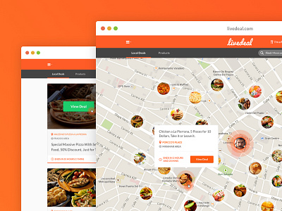 Livedeal WebApp cards coupons deals food livedeal livedeal app map orange uxui web app