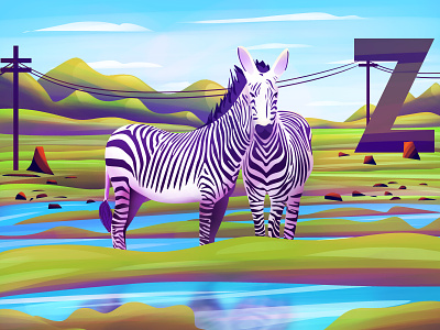 Two Zebras - Illusion - 01 animal art direction artwork character clouds design digital art graphic design graphics design green illusion illusionist illusions illustration letter z mountains optical illusion vector water zebra