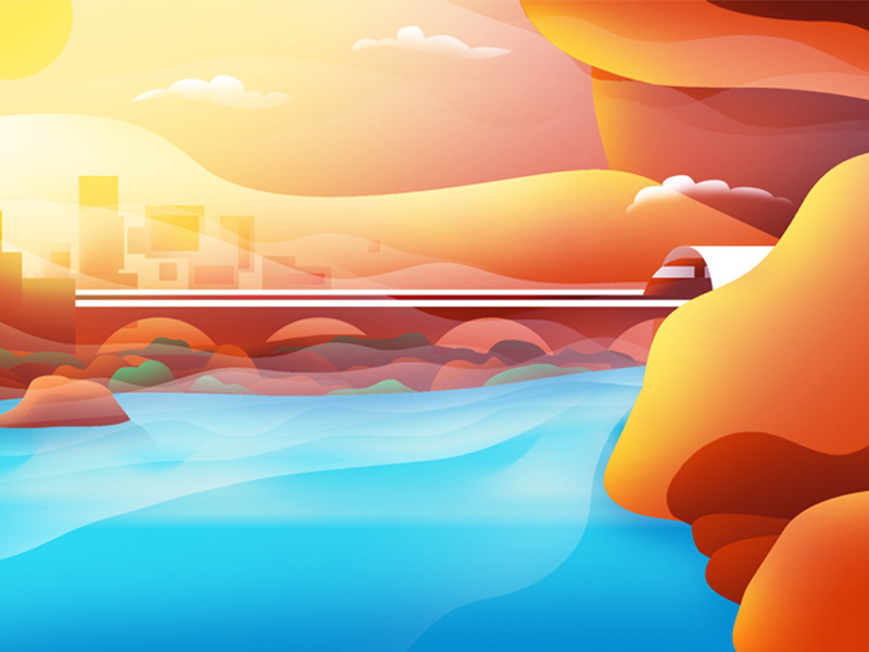 Illusion - 02 clouds path metro train rocks orange digital art digital digitalart illusionist illustrator illusions illustration flare sun water river mountain optical illusion illusion