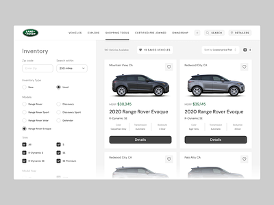 Land Rover redesign concept — Inventory page automotive automotive design car clean ui desktop digital design figma interface inventory suv web website design