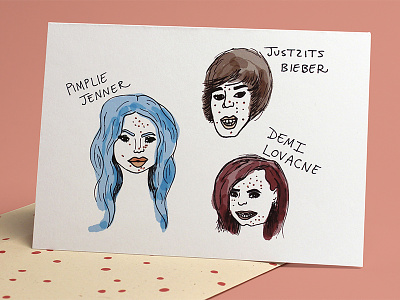 #PimplePoppingDay bieber cards demi funny greeting illustration jenner justin kylie lovato pimples puns