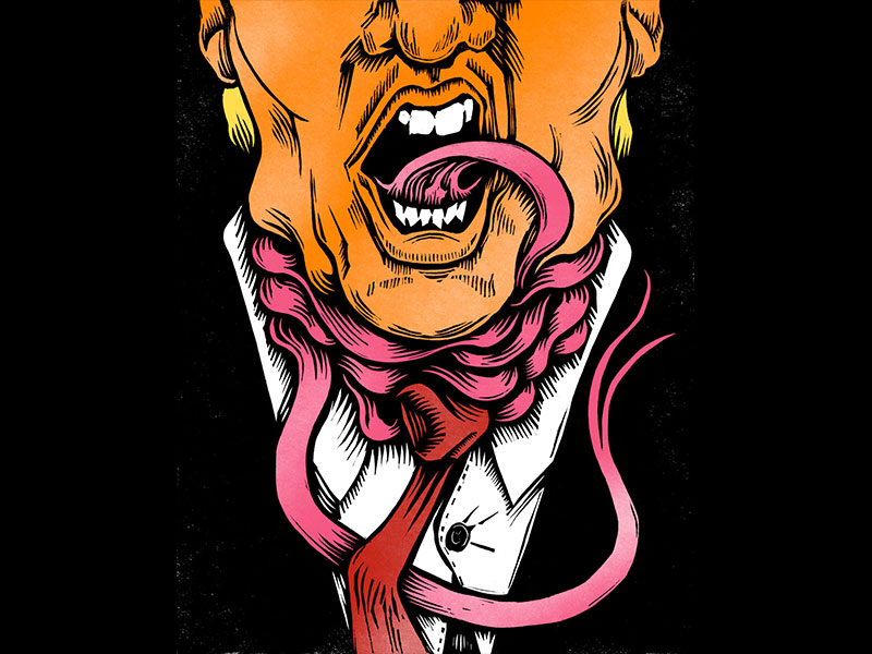 Tongue-tied fake news illustration lies linocut politics printmaking trump