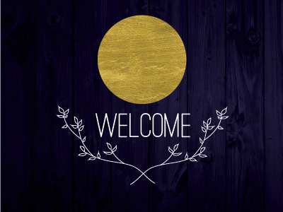 Welcome card blue gold gold leaf moon sun texture welcome wood wreath