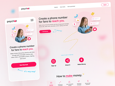 Paychat - Landing Page Exploration b2b b2c clean community figma girl landing page landing page mobile landing page payment app pink saas ui ux web app web design