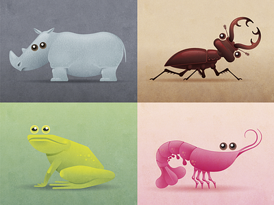 4 animals animals frog illustration rhino shrimp stagbeetle