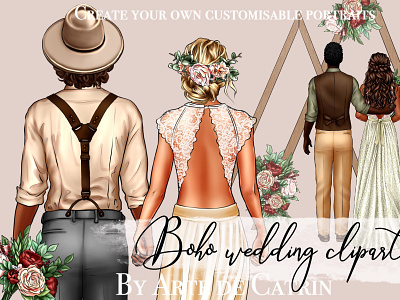 Boho Wedding Clipart, Groom and Bride