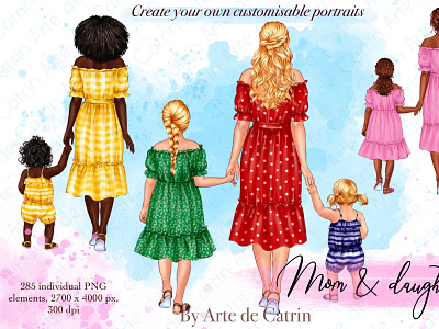 Mom and Daughters Clipart, Mothers Day family portrait