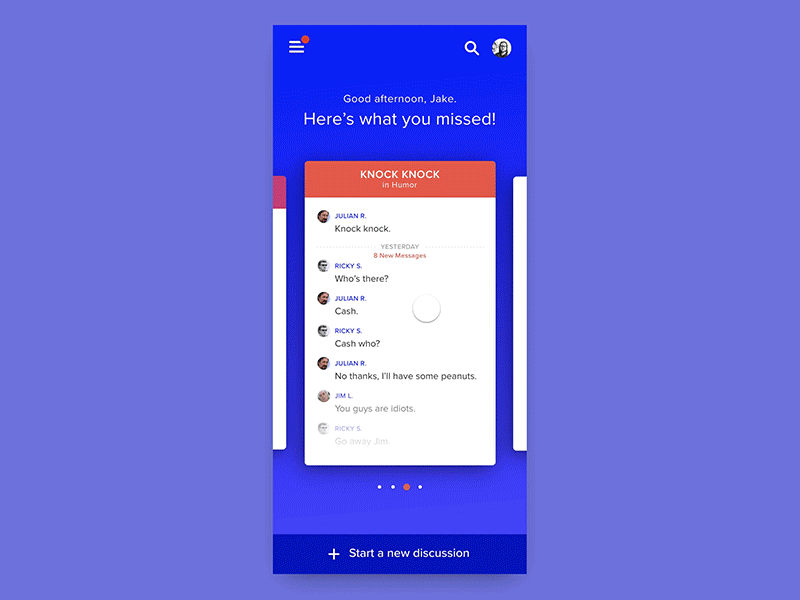 Mobile Carousel Animation animation app carousel chat discussion mobile prototype swipe