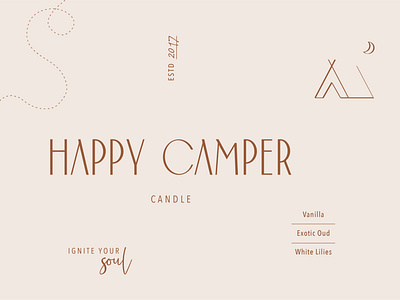 Happy Camper Candle - Brand Identity branding candle candle design candle label illustration marks moon submark tent wanderlust