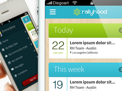 App Redesign Prototype app blue green ios iphone rallyhood redesign sidebar wood