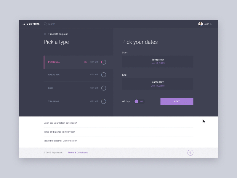 Viventium PTO Flow for Desktop animation app enterprise interface ui ux web