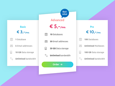 Pricing Table UI cards clean colorful colors gradient list packages plans price pricing table ui