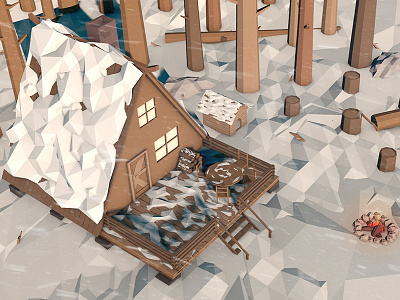 Cabin In The Forest (Day version) 3d art cabin cinema4d forest landscape low poly lowpoly snow winter woods