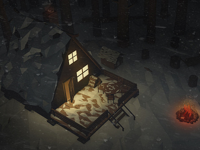 Cabin In The Forest (Night version) 3d art cabin cinema4d forest landscape low poly lowpoly snow winter woods