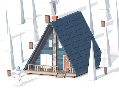 Last Days of Winter cabin cinema 4d fir illustration low poly lowpoly snowman tree winter woods