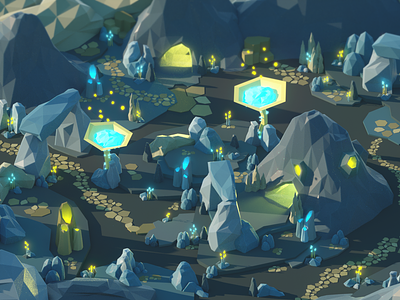The Fifth Level 3d alien art blue cinema 4d cinema4d design game illustration isometric low poly lowpoly mountain nature octane octane render planet rock space yellow