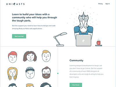 Unicasts Homepage characters colorful homepage illustrations ui unicasts unicorn ux web design