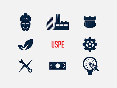 USPE badge environment factory gear icons leaf money person ship troubleshooting