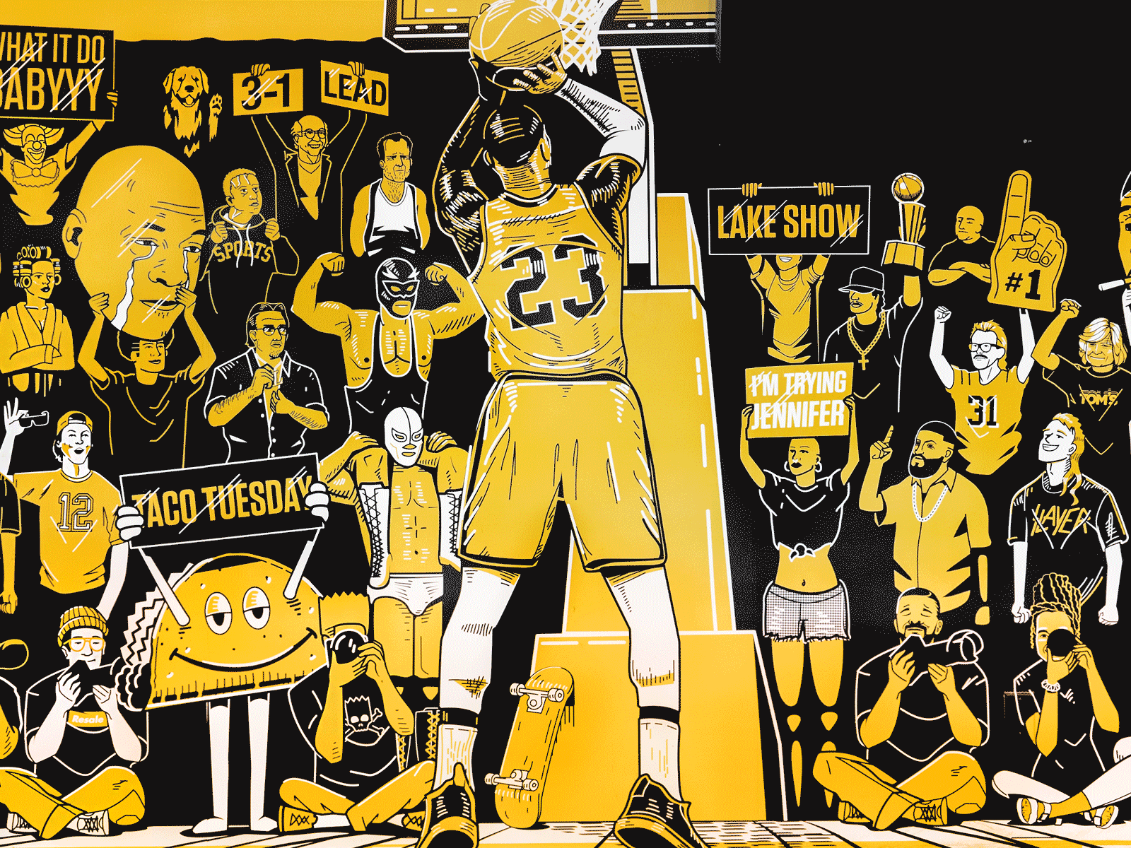 LA Live Mural bar basketball caricature drake gold illustration lakers lebron meme mural restaurant sports