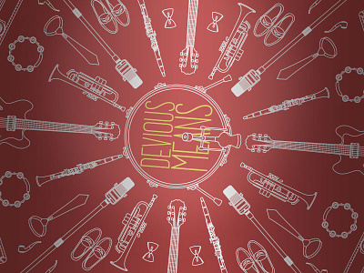 Devious Means album art concept drum guitar instruments kick poster red trumpet