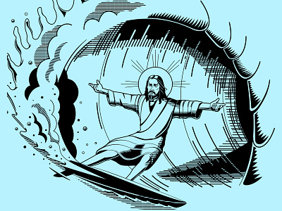 Jesus Shreds barrel illustration jesus surf surfing waves