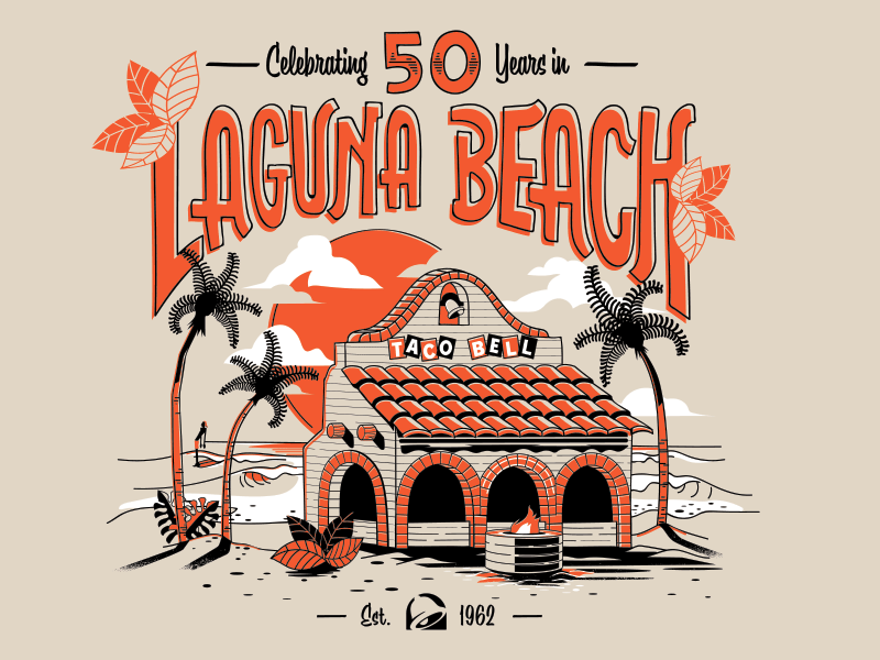 Laguna Beach 50s bell illustration palms sketch sun surf taco waves