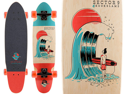 Sector9 x Kookslams illustration retro shaka shorepound skateboard softtop sun surfing wave wavestorm