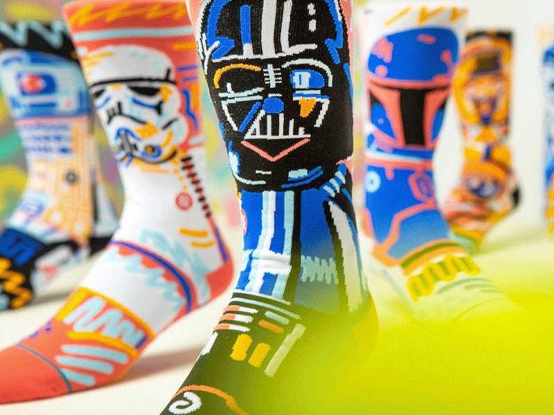 Star Wars Comic Con apparel bright c3po darth fashion illustration r2d2 socks squiggle trooper vader