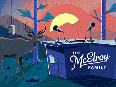 McElroy Brothers Illustration camp camping deer fire illustration lockup logo masthead mountains nature trees