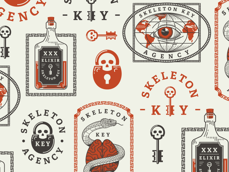 Skeleton Key Agency Identity brain branding globe icon illustration liquor logo map skeleton skull snake typography vector