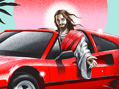 Jesus, take the wheel airbrush chomp christ ferrari illustration jesus lord palms pink sunset