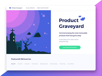 Product Graveyard - Home Screen clean dekstop home screen interface landing page product graveyard simple ui ux