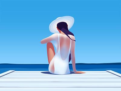 Catching the sun beach blue girl hat pier sea summer sun swimsuit